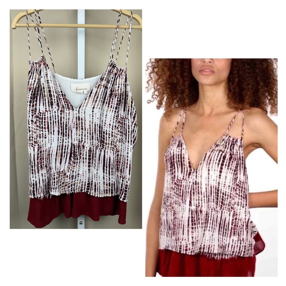 By Anthropologie Boho Tank Top Size L‎ Abstract Print Flowy Cami Red White